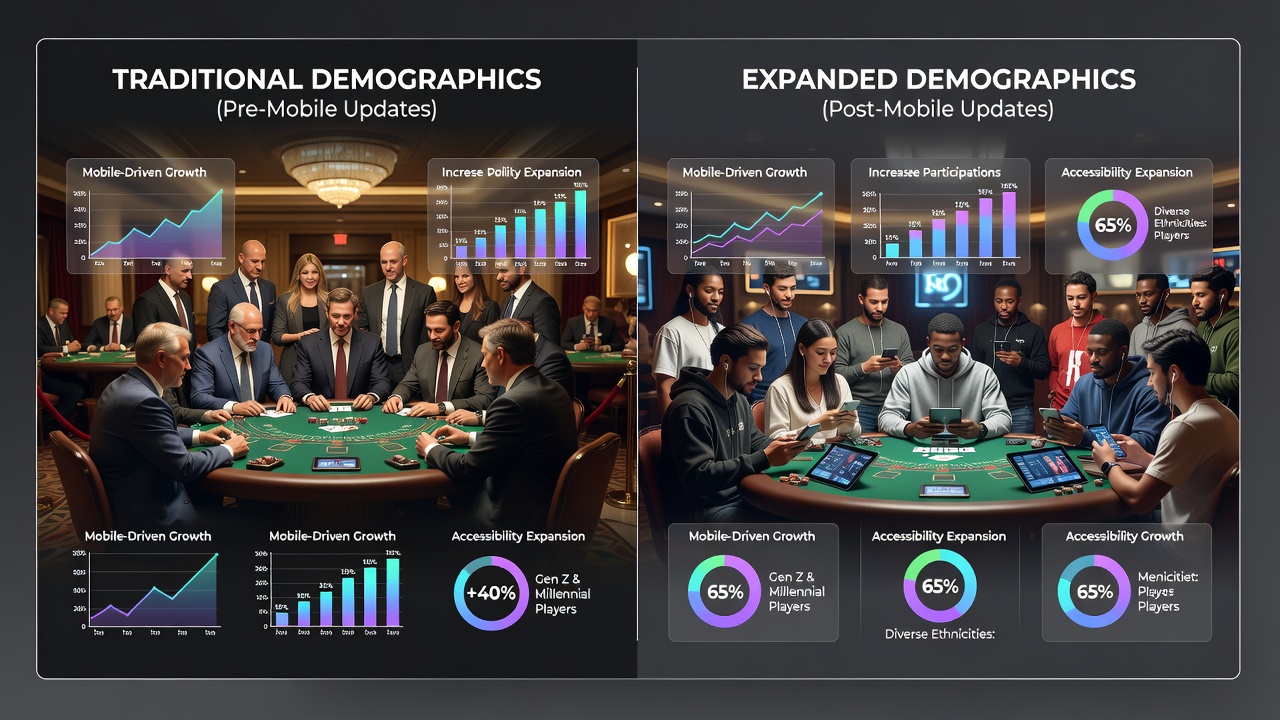 Diverse group of players engaging with live dealer blackjack and roulette tables on mobile devices in various settings
